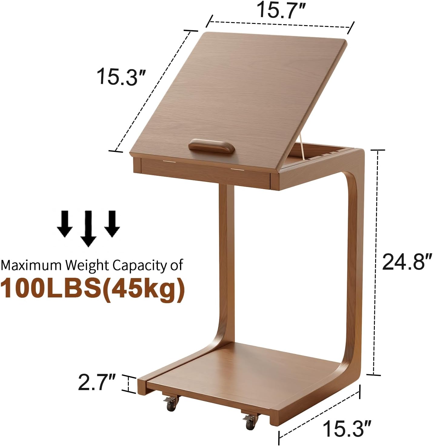 Adjustable C-Shaped Wooden Table with Wheels