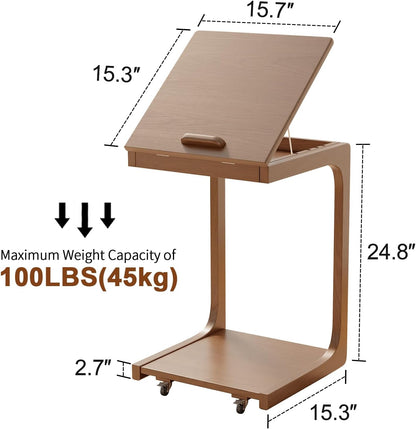 Adjustable C-Shaped Wooden Table with Wheels