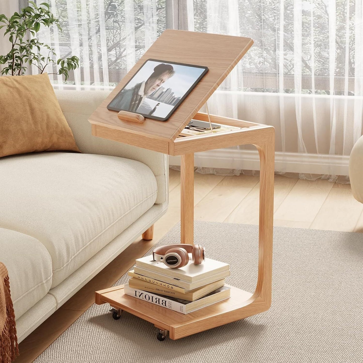 Adjustable C-Shaped Wooden Table with Wheels